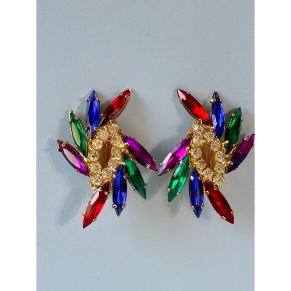 Vintage Multicolor Rhinestone Clip-On Earrings 1 1/2" Gold Tone Finish - Picture 4 of 5